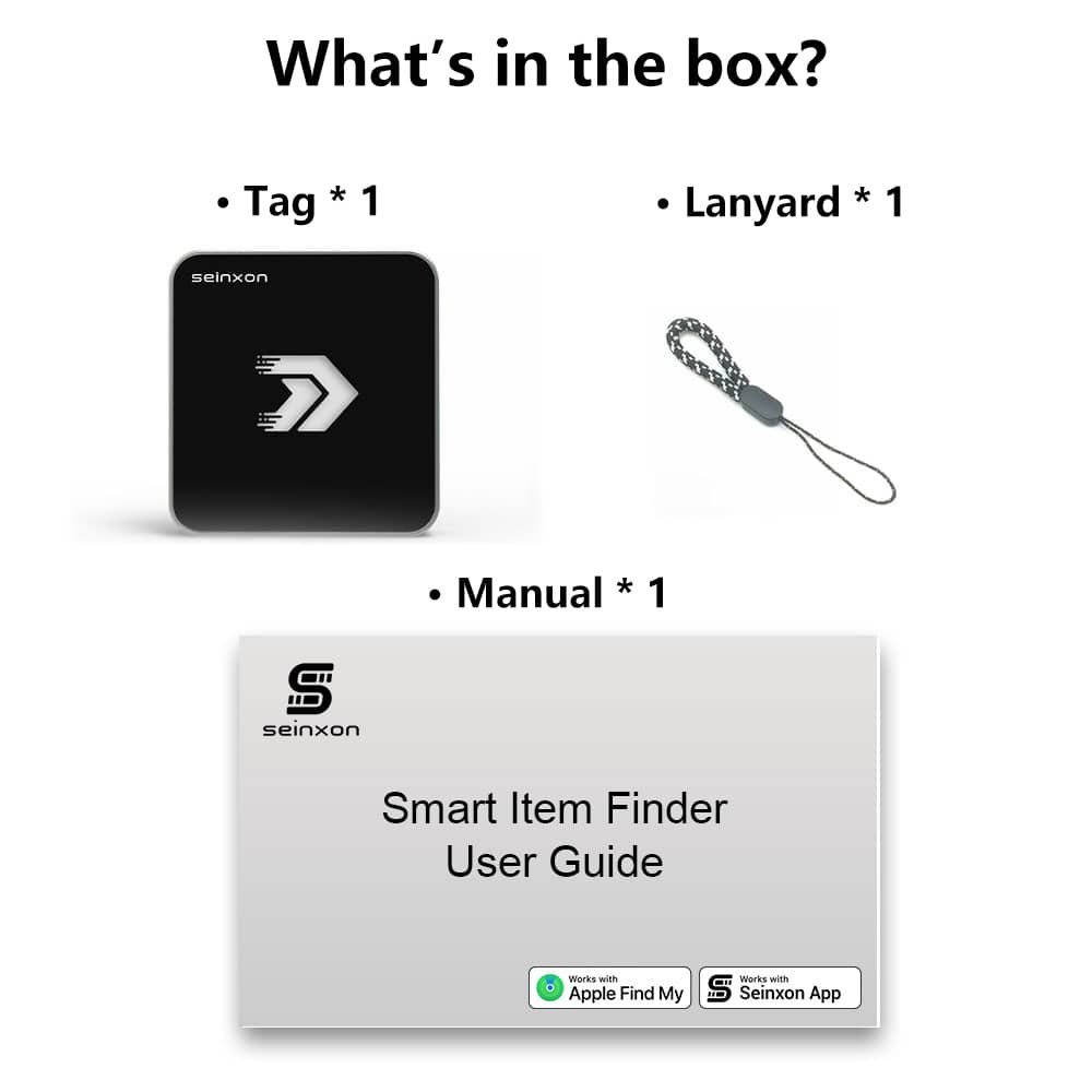 Content-of-Seinxon-Smart-Item-Finder-package-displayed-including-the-TAG-with-an-arrow-logo-a-Lanyard-and-a-User-Guide-with-Apple-Find-My-and-Seinxon-App-compatibility-indicated