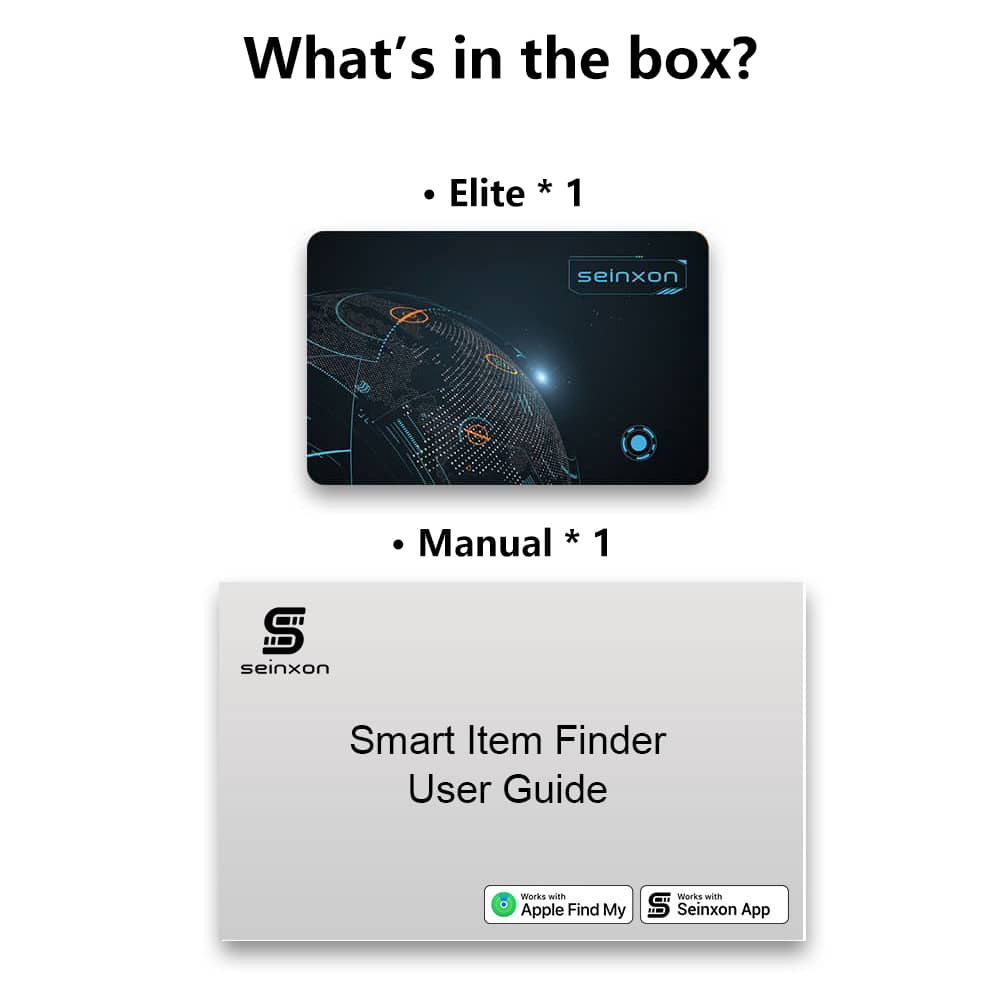  Analyzing image     Contents-display-for-Seinxon-Elite-tracker-with-an-image-of-the-sleek-card-and-a-_Smart-Item-Finder-User-Guide_-indicating-compatibility-with-Apple-Find-My-app