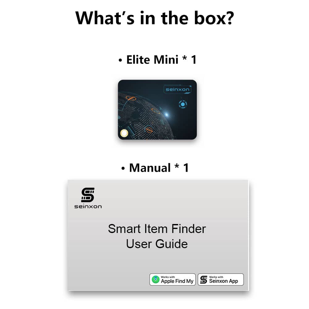 Box-contents-for-Seinxon-Elite-Mini-tracker-including-the-device-and-the-Smart-Item-Finder-User-Guide-with-Apple-Find-My-and-Seinxon-App-compatibility-highlighted