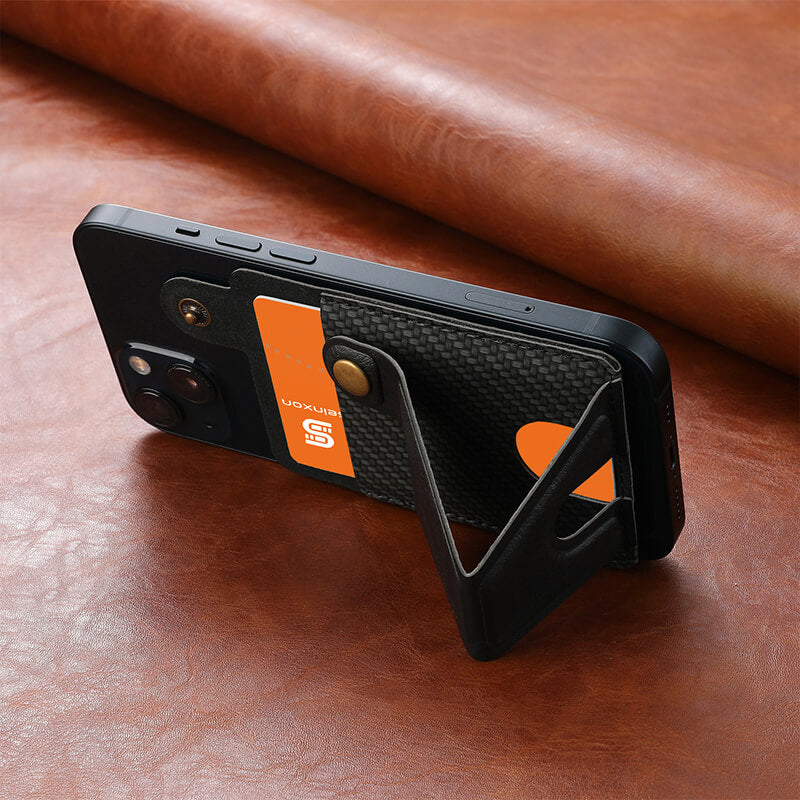 The-black-multifunctional-card-holder-supports-the-mobile-phone-obliquely