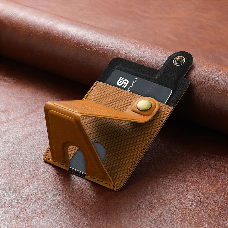 The-brown-multifunctional-card-holder-can-be-used-as-a-mobile-phone-holder