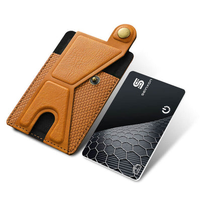A-brown-multifunctional-mobile-phone-card-holder-with-a-credit-card-size-tracker